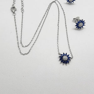 Brand New Strerling Silver 925 Blue SunFlower Earrings and Necklace Set