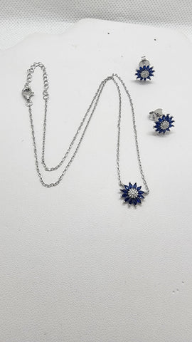 Brand New Strerling Silver 925 Blue SunFlower Earrings and Necklace Set