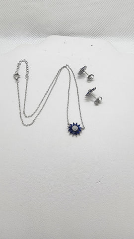 Brand New Strerling Silver 925 Blue SunFlower Earrings and Necklace Set