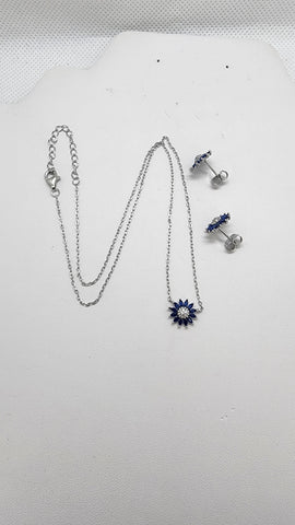 Brand New Strerling Silver 925 Blue SunFlower Earrings and Necklace Set