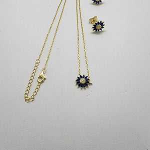 Brand New Strerling Silver 925 Blue SunFlower Earrings and Necklace Set