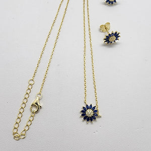 Brand New Strerling Silver 925 Blue SunFlower Earrings and Necklace Set