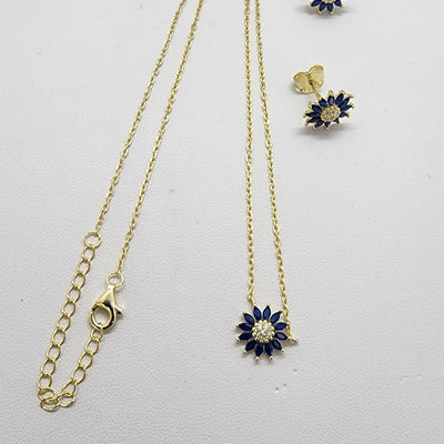 Brand New Strerling Silver 925 Blue SunFlower Earrings and Necklace Set