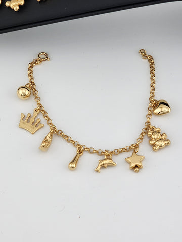 Brand New Brazilian 18k Gold Filled Variety of Charms Bracelet