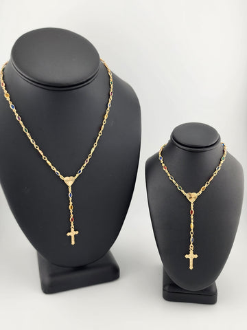 Brand New Brazilian 18k Gold Filled Multi Color Heart Cross Necklace