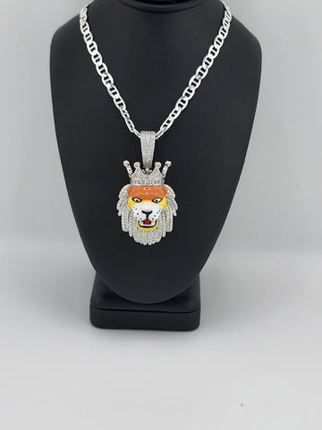 Brand New Sterling Silver 925 Lion Face W/ Crown Necklace