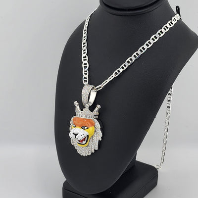 Brand New Sterling Silver 925 Lion Face W/ Crown Necklace