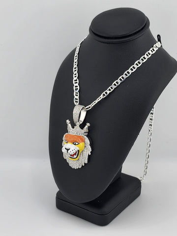 Brand New Sterling Silver 925 Lion Face W/ Crown Necklace