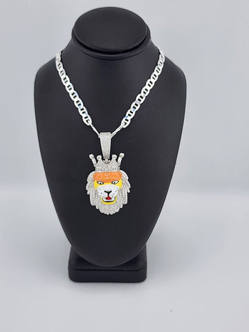 Brand New Sterling Silver 925 Lion Face W/ Crown Necklace