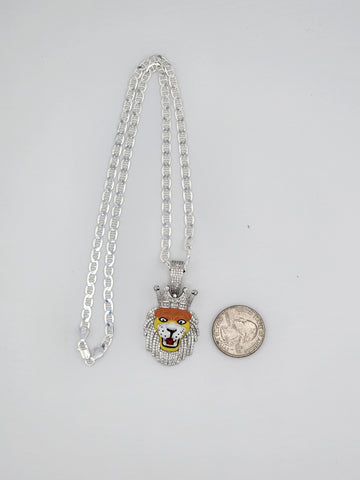 Brand New Sterling Silver 925 Lion Face W/ Crown Necklace