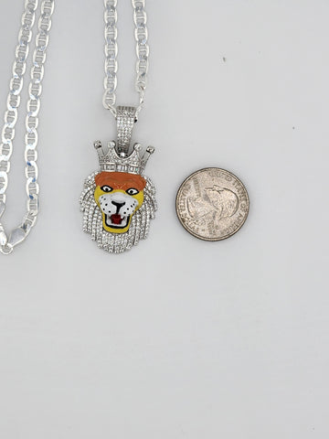 Brand New Sterling Silver 925 Lion Face W/ Crown Necklace