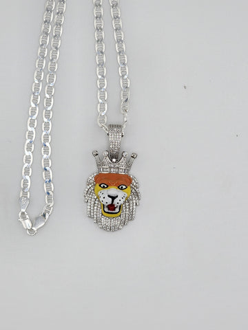 Brand New Sterling Silver 925 Lion Face W/ Crown Necklace