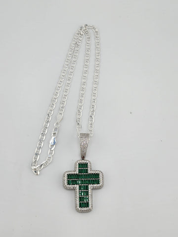 Brand New Sterling Silver 925 Green Cross Necklace