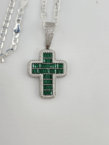 Brand New Sterling Silver 925 Green Cross Necklace