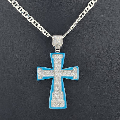 Sterling Silver Cross Necklace with Blue Inlay – 925 Silver