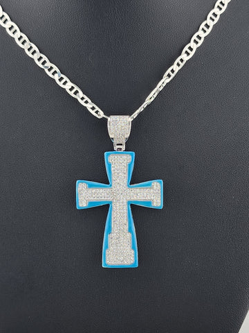 Sterling Silver Cross Necklace with Blue Inlay – 925 Silver