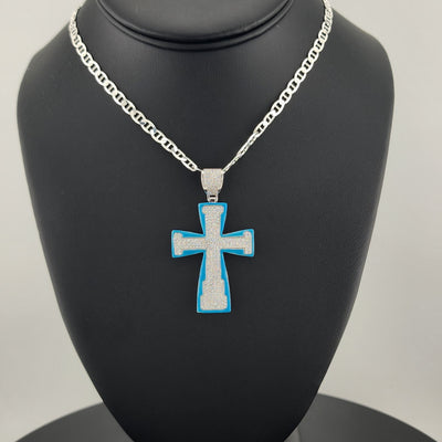 Sterling Silver Cross Necklace with Blue Inlay – 925 Silver