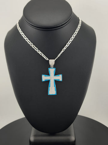 Sterling Silver Cross Necklace with Blue Inlay – 925 Silver