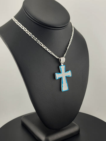 Sterling Silver Cross Necklace with Blue Inlay – 925 Silver