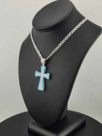 Sterling Silver Cross Necklace with Blue Inlay – 925 Silver