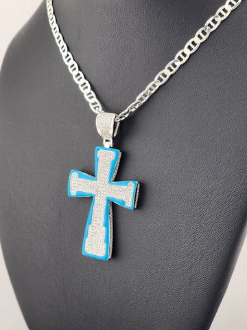 Sterling Silver Cross Necklace with Blue Inlay – 925 Silver