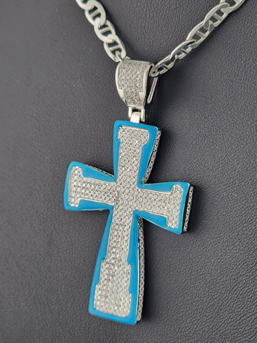 Sterling Silver Cross Necklace with Blue Inlay – 925 Silver