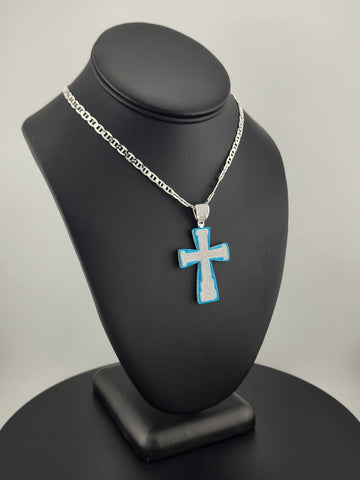 Sterling Silver Cross Necklace with Blue Inlay – 925 Silver