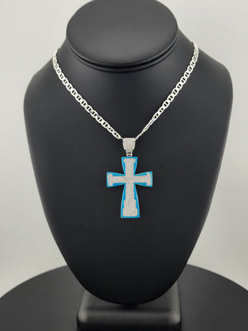 Sterling Silver Cross Necklace with Blue Inlay – 925 Silver
