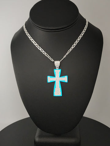 Sterling Silver Cross Necklace with Blue Inlay – 925 Silver