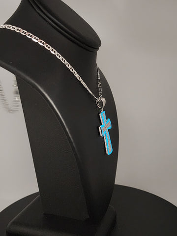 Sterling Silver Cross Necklace with Blue Inlay – 925 Silver