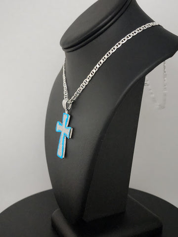 Sterling Silver Cross Necklace with Blue Inlay – 925 Silver
