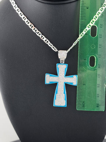 Sterling Silver Cross Necklace with Blue Inlay – 925 Silver