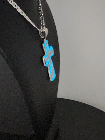 Sterling Silver Cross Necklace with Blue Inlay – 925 Silver