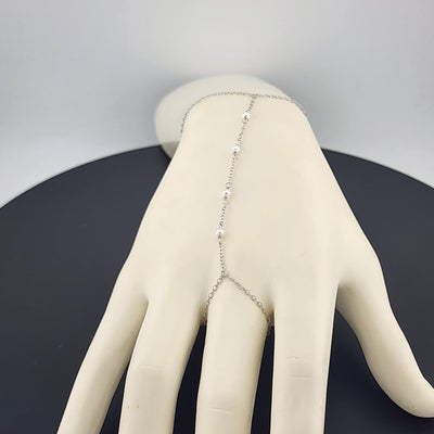 Sterling Silver 925 White Beaded Hand Bracelet with Ring