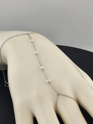 Sterling Silver 925 White Beaded Hand Bracelet with Ring