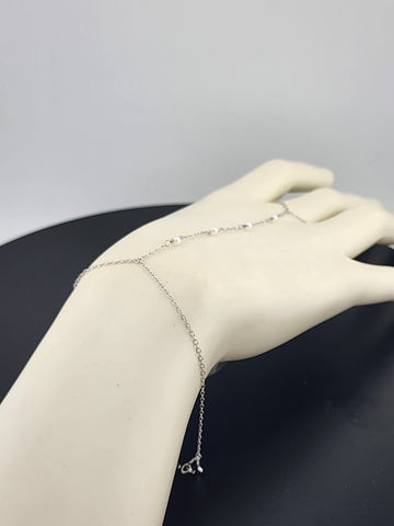 Sterling Silver 925 White Beaded Hand Bracelet with Ring