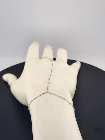 Sterling Silver 925 White Beaded Hand Bracelet with Ring