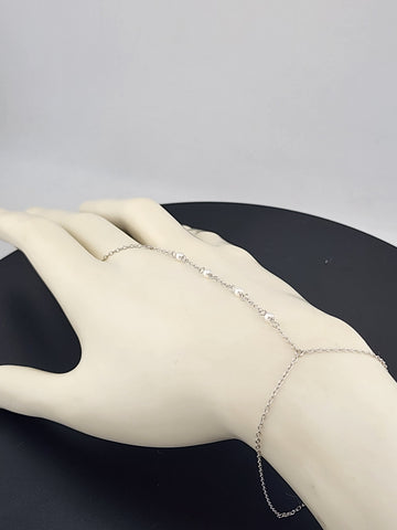 Sterling Silver 925 White Beaded Hand Bracelet with Ring