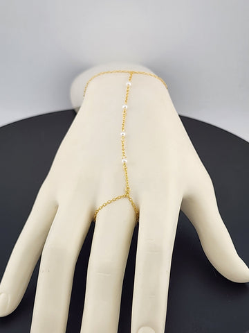 Sterling Silver 925 White Beaded Hand Bracelet with Ring