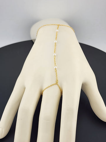 Sterling Silver 925 White Beaded Hand Bracelet with Ring