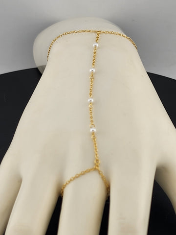 Sterling Silver 925 White Beaded Hand Bracelet with Ring