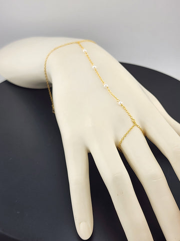 Sterling Silver 925 White Beaded Hand Bracelet with Ring