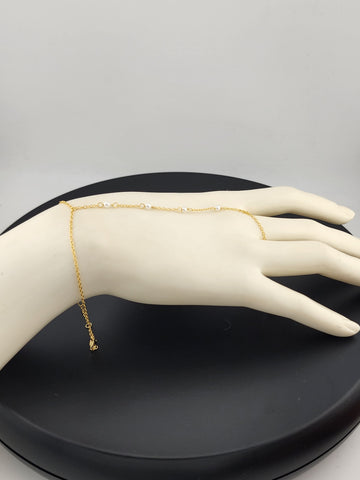 Sterling Silver 925 White Beaded Hand Bracelet with Ring