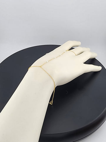 Sterling Silver 925 White Beaded Hand Bracelet with Ring