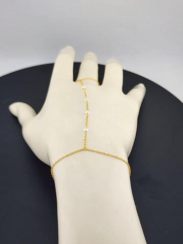 Sterling Silver 925 White Beaded Hand Bracelet with Ring