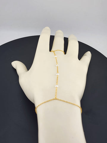 Sterling Silver 925 White Beaded Hand Bracelet with Ring