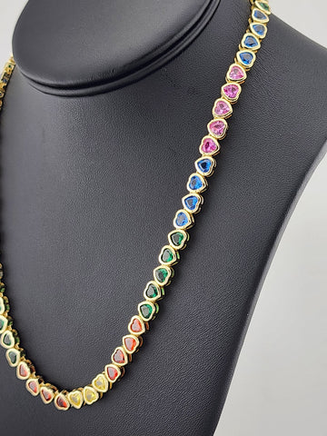 925 Sterling Silver Rainbow Hearts Necklace – Tennis Style