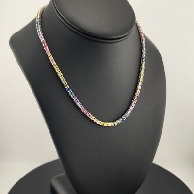 Rainbow Radiance – Sterling Silver Multi-Gemstone Tennis Necklace