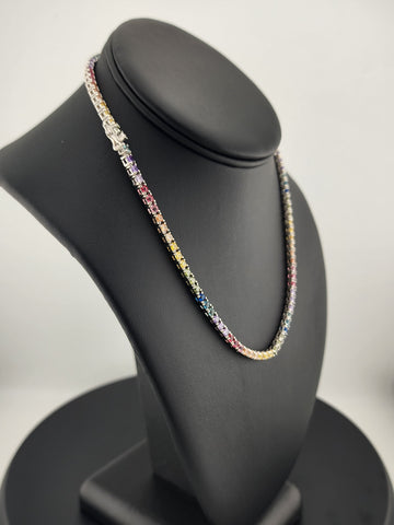 Rainbow Radiance – Sterling Silver Multi-Gemstone Tennis Necklace