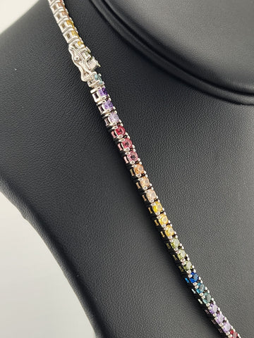 Rainbow Radiance – Sterling Silver Multi-Gemstone Tennis Necklace